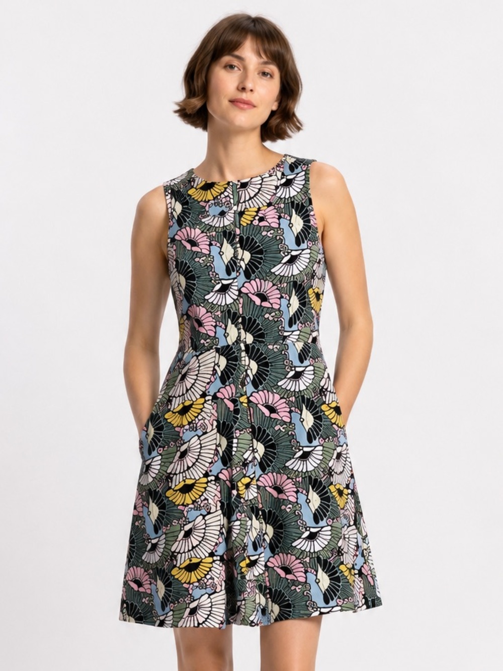 Rachel Roy Sleeveless Fan-Print Mini Dress in Pink, Yellow, Green & Black